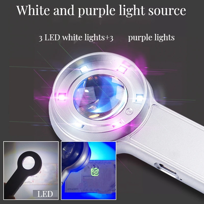 Белое и фиолетовое увеличительное стекло 60-кратное HD портативное USB-зарядное устройство для чтения ювелирных изделий + светодиодная лампа