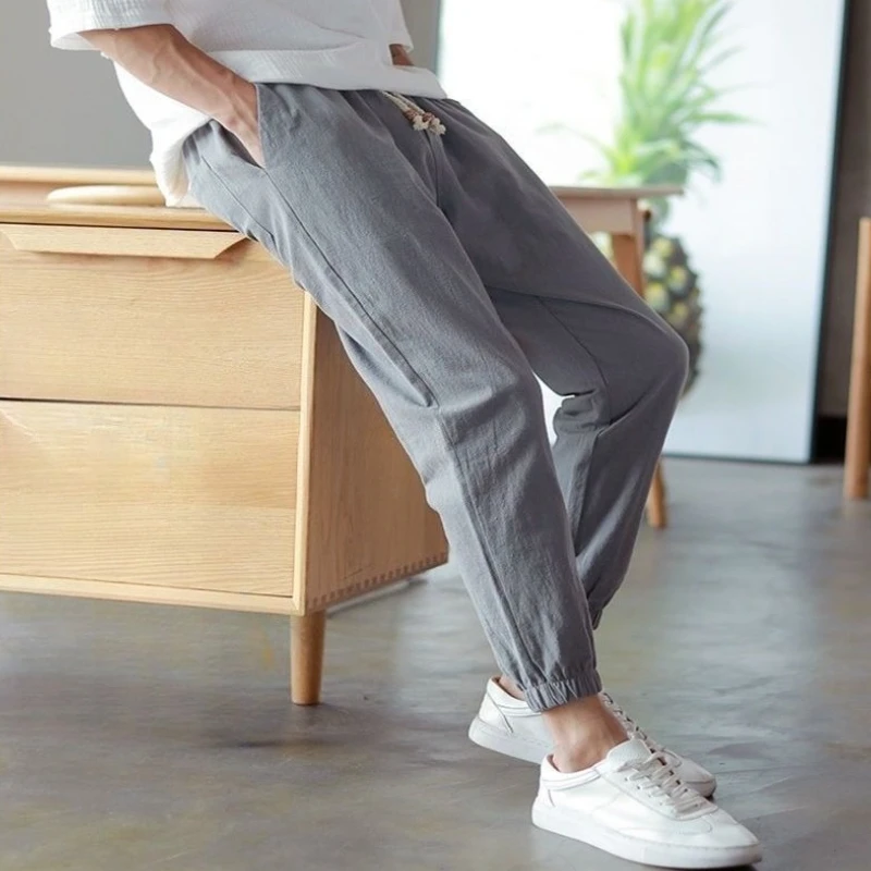 Летние облегающие льняные повседневные брюки, мужская мода, оригинальная одежда 2024, новые винтажные укороченные брюки в корейском стиле Y2k для мужчин