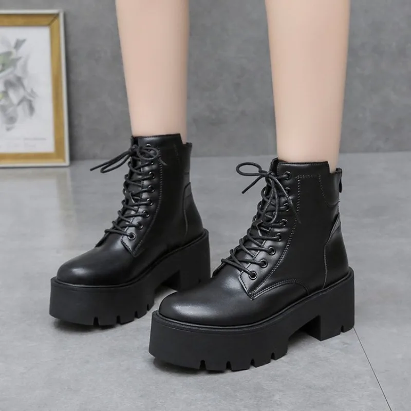 

Leather faced women's boots new thick soled leather boots Korean version mid top lace up soft soled leather boots for women