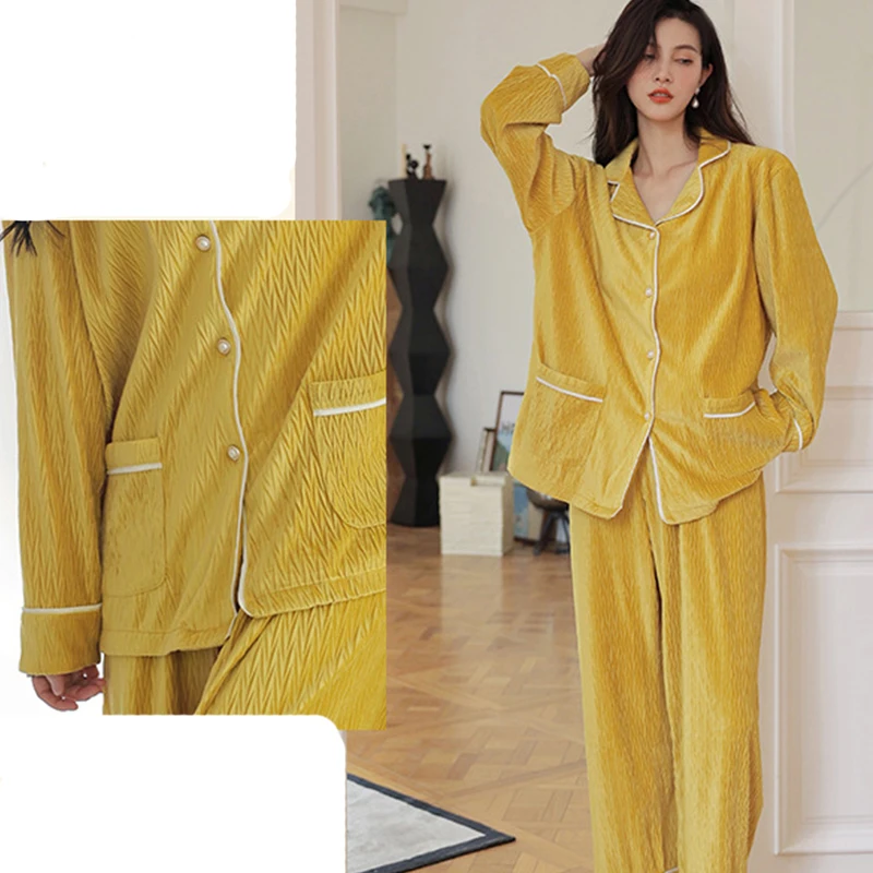 

Solid Color Folds Women Pajamas Sets Nightwear Sleep Suit Shirt Pant 2Pcs Velvet Outside Long Sleeve Lapel Cardigan Homewear