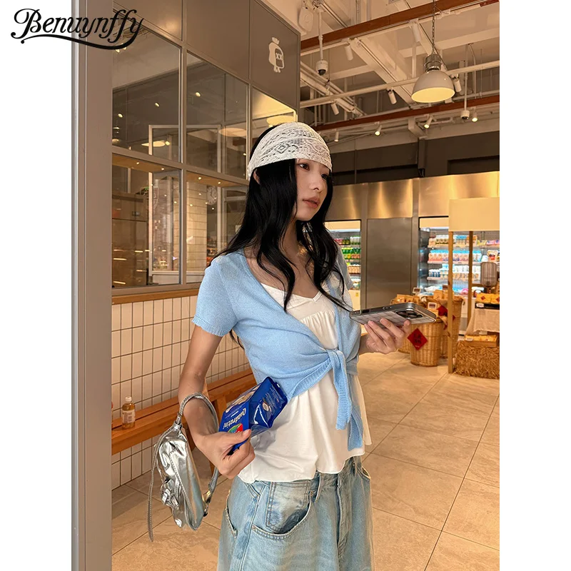

Benuynffy Solid Color Short Sleeve Knit Cardigan Women 2026 Summer New 2000s Basic Casual All Match Tie Front Thin Top Tees
