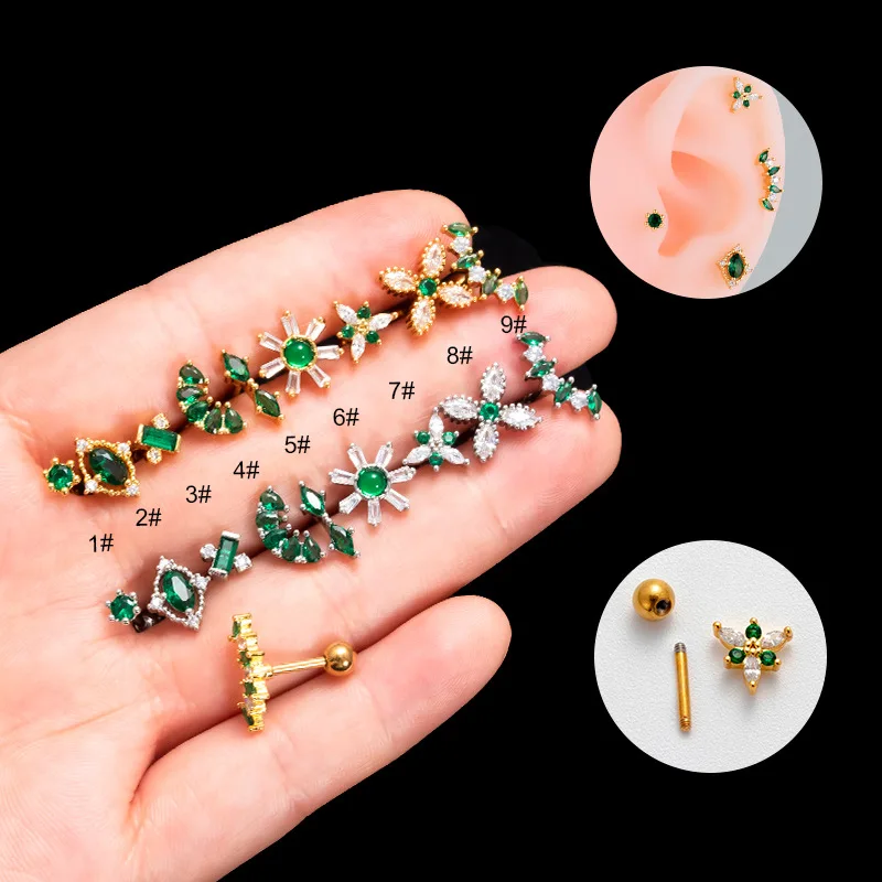 

1PC 20G Stainless Steel Green Zircon Stud Earrings for Women Fashion Geometry Cartilage Earring for Teens Screw Piercing Jewelry