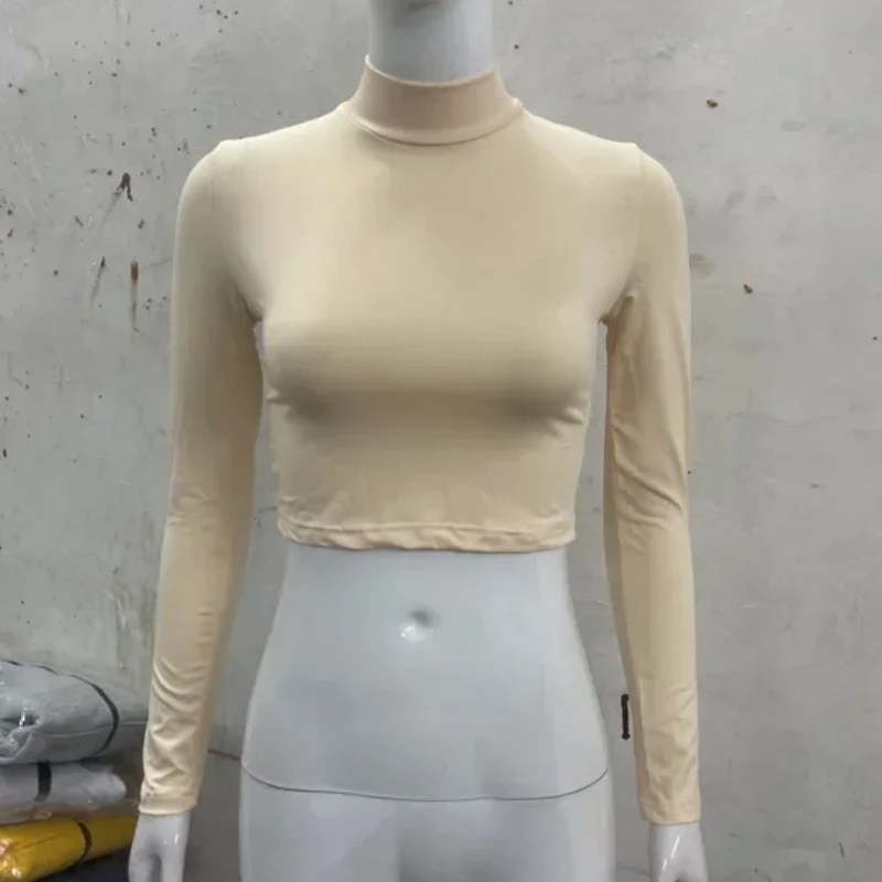 

Сплошной цвет, высокая шея, длинный рукав, базовый слой, короткий топ, осенняя женская одежда, сексуальная облегающая футболка с открытой спиной и крестиком на спине