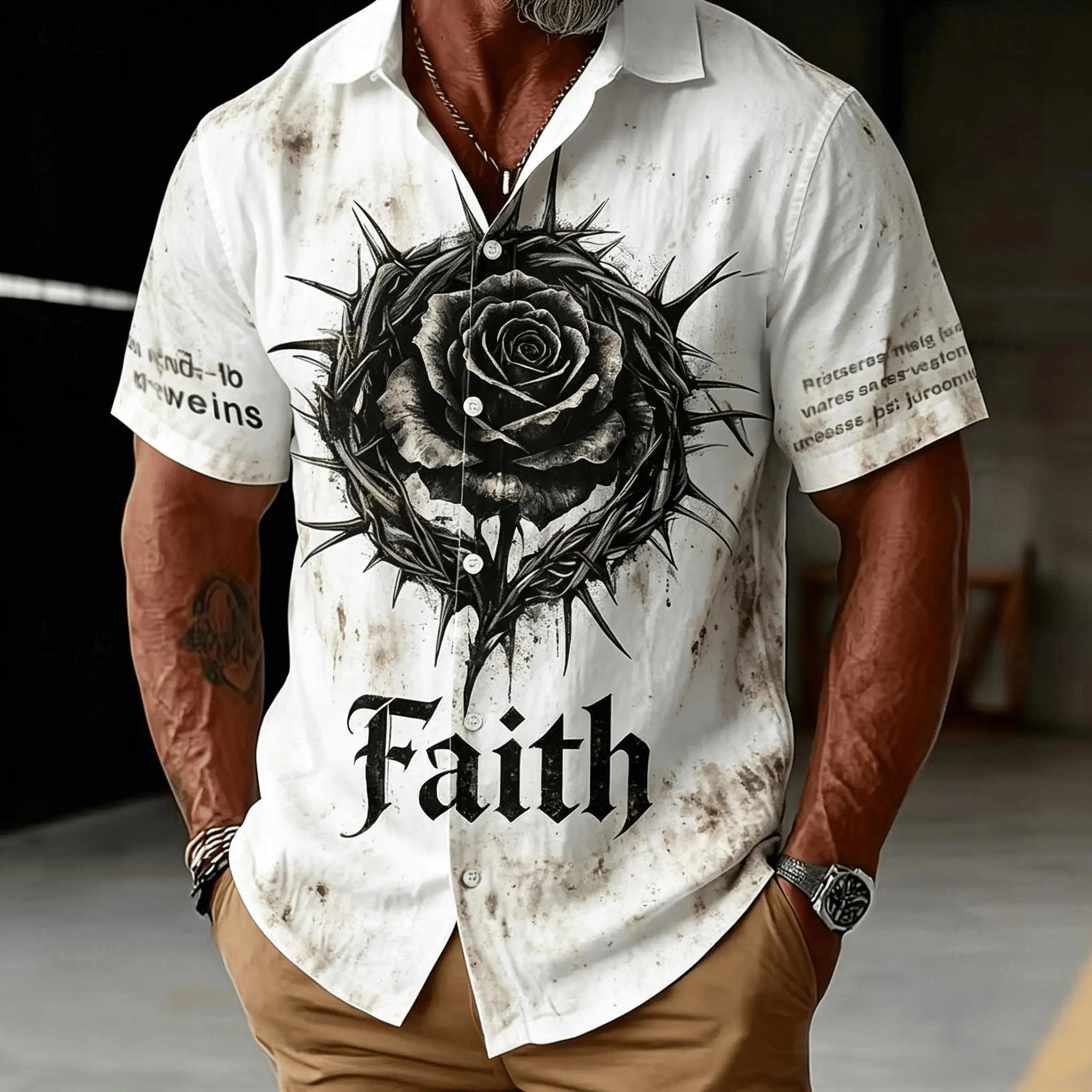 Men's Gothic Rose Print Thorn Faith Letter Vintage Splash Short Sleeve Lapel Shirt Streetwear Casual Mens Tops