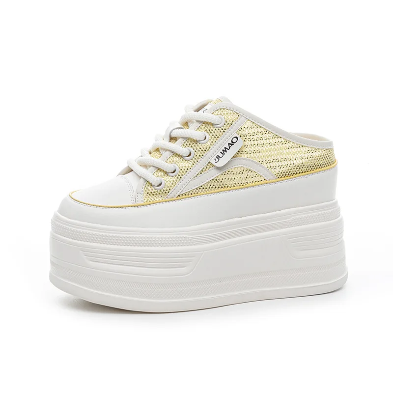 

New 12CM Air Mesh Breathable Sandal Slippers Pumps Platform Wedge Luxury Hidden Heels Summer Round Big Toe Fashion Women Shoes