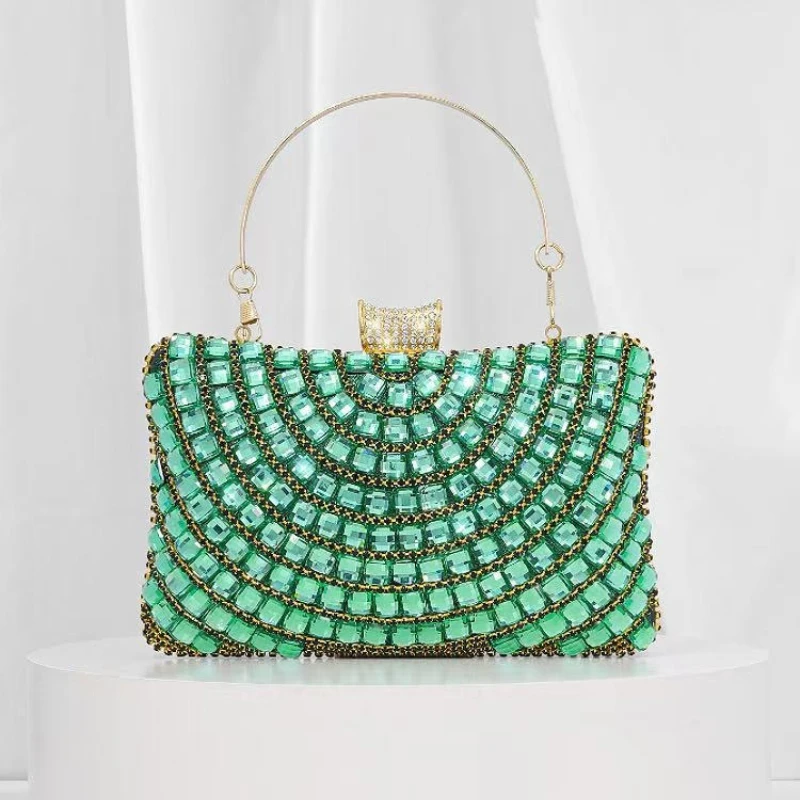 

Retro style teal crystal evening clutch full diamond blingbling handbag for women fashionable crossbody square party purses