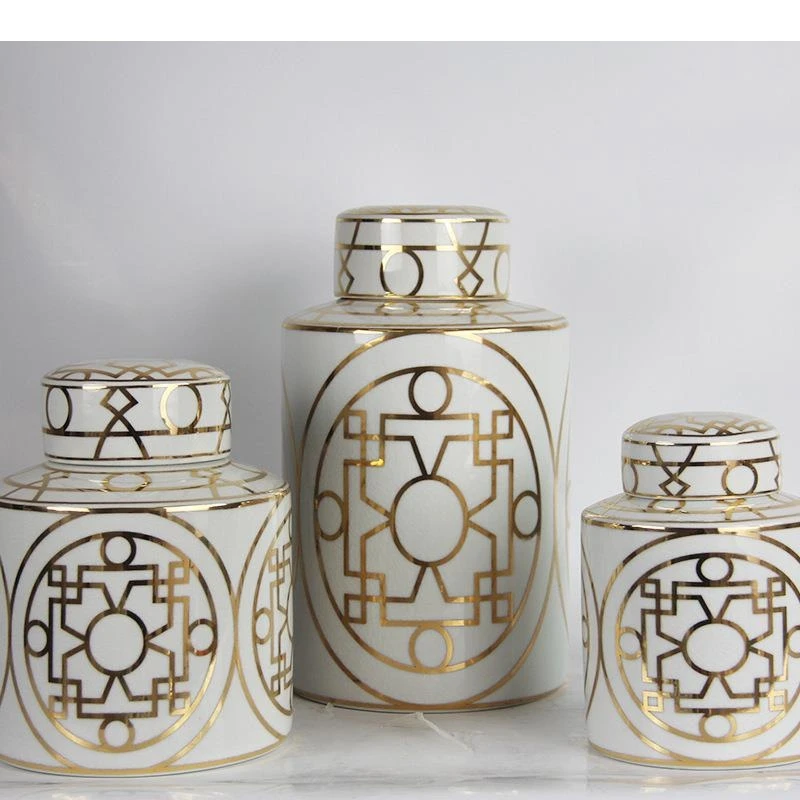 Gold Plated Textured Porcelain Storage Jar with Lids Tea Canister Geometric Lines Cylinder Ceramic Jars Caddy Candy Pots