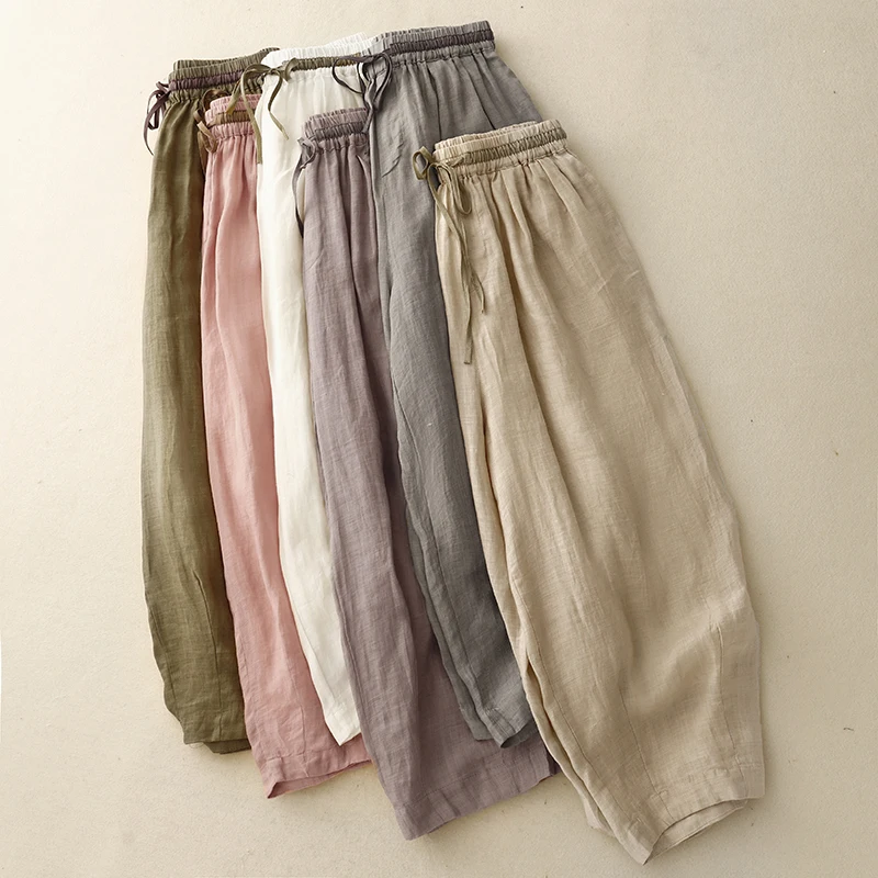 Zomer dunne Harlan damesbroek losse katoenen linnen cargobroek wijde pijpen casual broek dubbellaagse lantaarnbroek