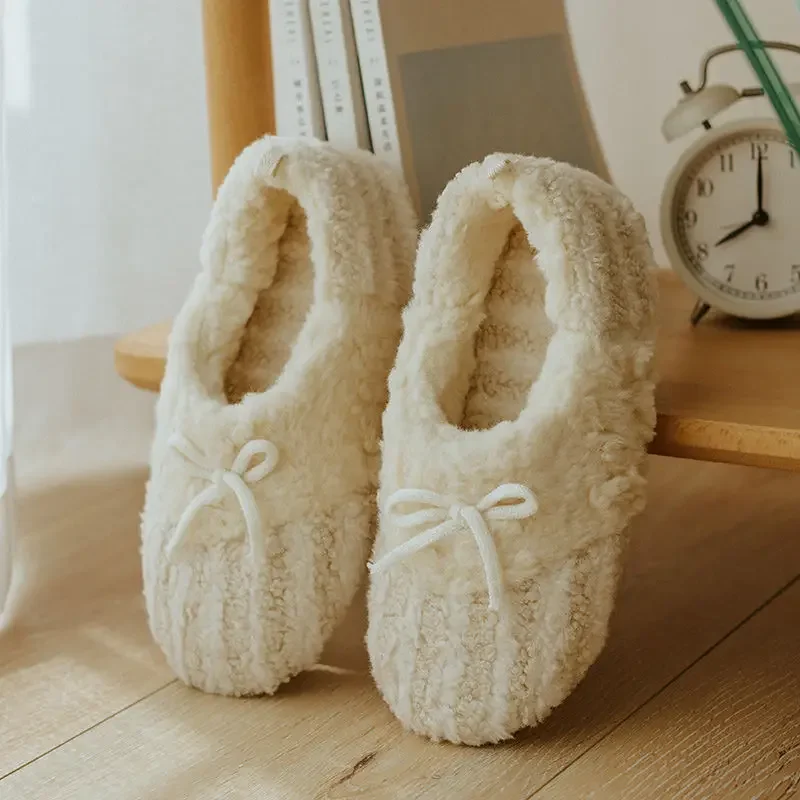 Winter Warm Women's Bow Knot Fleece Lined Soft Sole Silent Closed Back Slippers Indoor for Pregnant Postpartum Slip Resistant