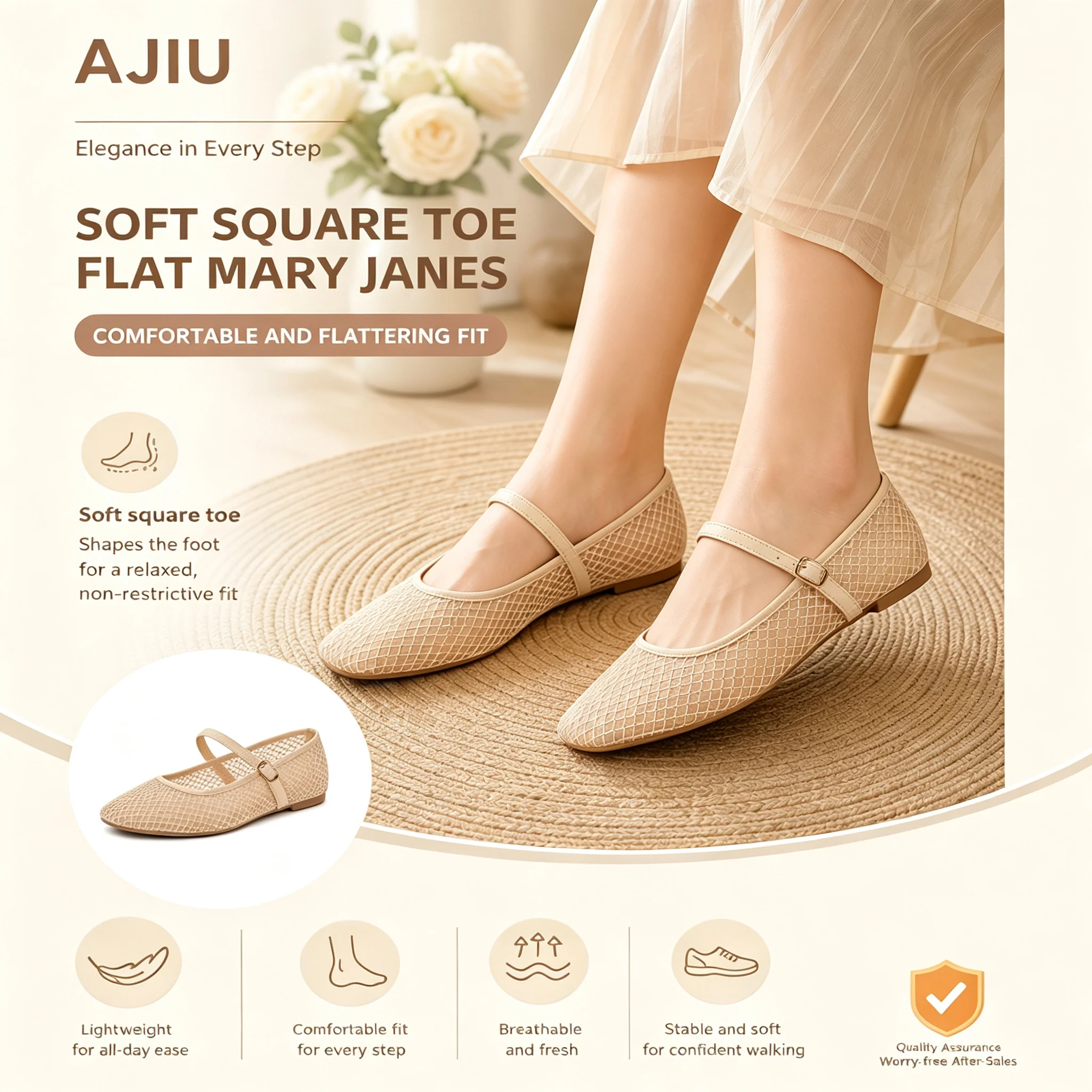 Women Nude Mesh Rhinestone Mary Jane Flats Summer Hollow Breathable Buckle Strap Casual Ballet Flat Shoes