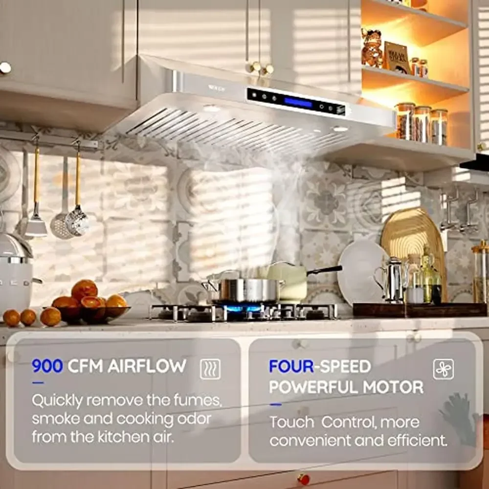 30" Stainless Steel Range Hood 900 CFM Touch Screen Vent LED Lights Dishwasher-Safe Filters 4 Speed Quiet Operation Remote