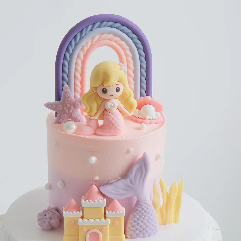 Mermaid Design Cake Topper Rainbow Tail Shell Castle Starfish Fits Girl Themed Birthday Baby Party Cake Desktop Ornament Layout view 3