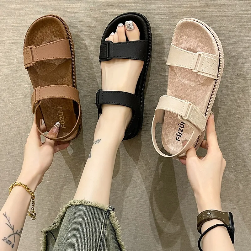Summer Women's Sandals - Korean Style Fashionable Flat Sandals for Outdoor Wear, Casual Beach Thong Sandals with Velcro Straps