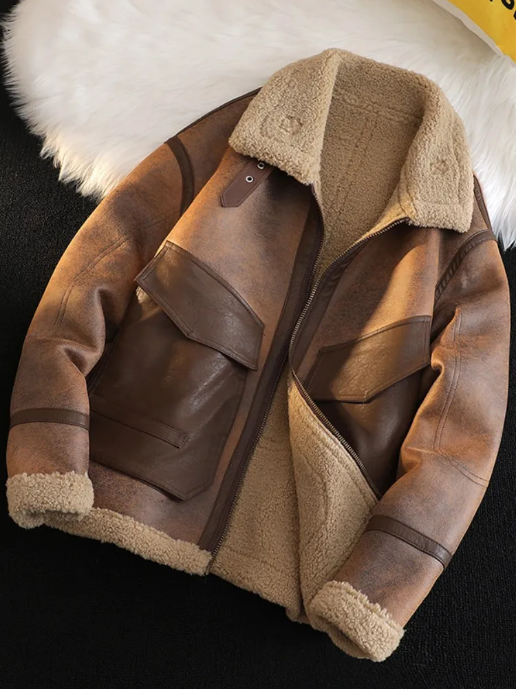 

Мужская зимняя куртка из овчины с утепленной подкладкой, тяжелая, с замшевым воротником, теплая верхняя одежда в американском ретро-стиле