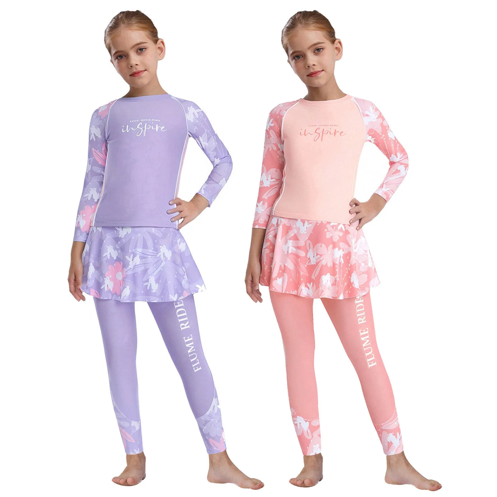 Kids Girls 2-Piece Rash Guard Swimsuit Floral Print Sun Protection Bathing Suit Beach Swimwear Dress with Drawstring Pantskirt