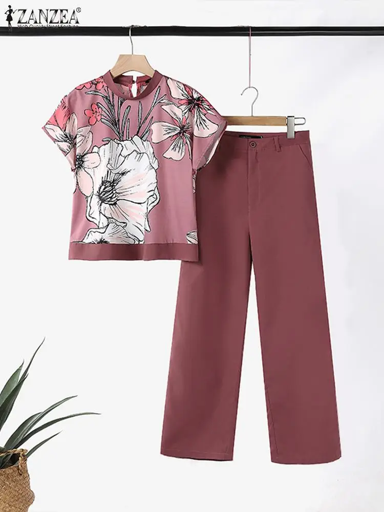 ZANZEA Solid Trouser 2024 Summer Pant Sets Fashion Casual Short Sleeve Floral Blouse 2pcs Outfits Work Women Tracksuits