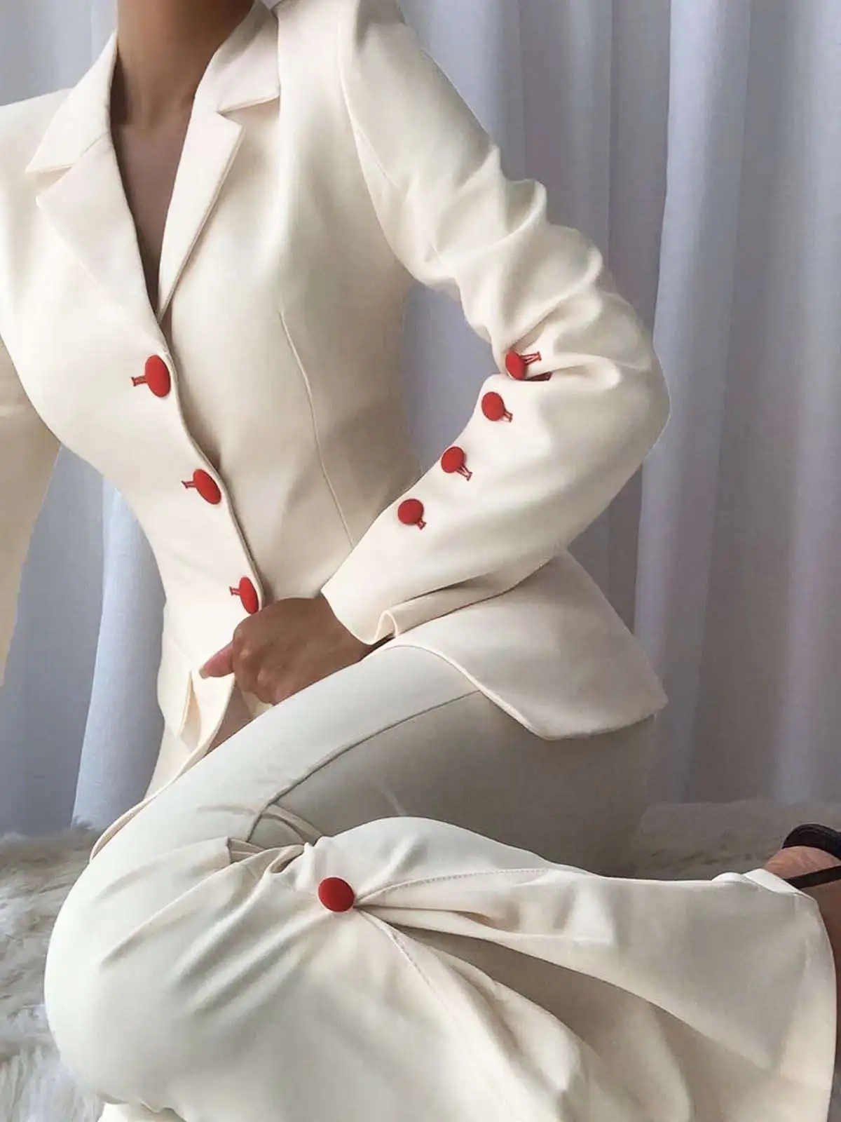 Red White Women Office Suits Single-breasted Blazer Elastic Waist Pants Suits Formal Party Wear 2 Pieces