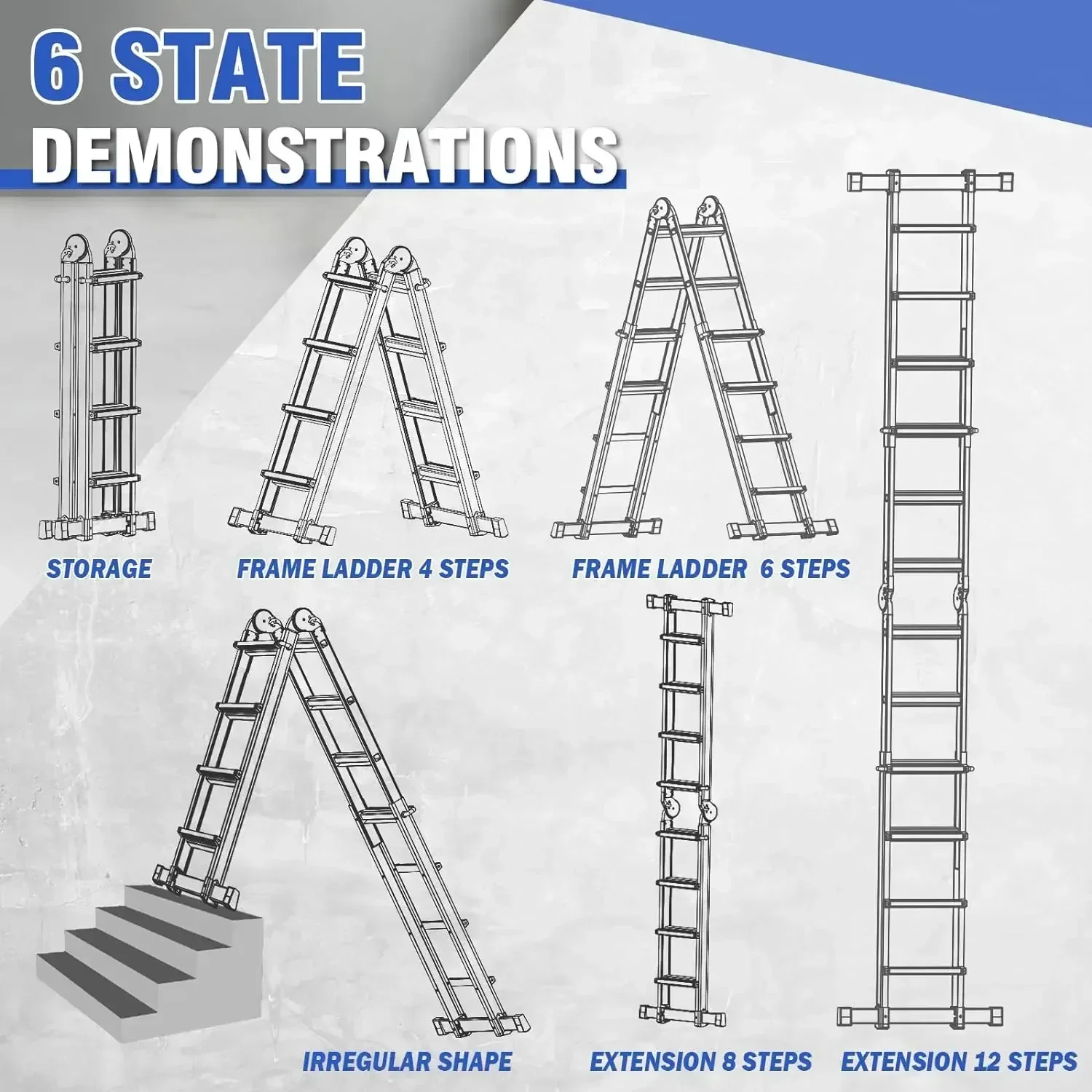 Escalera HBTower, escalera de extensión de 4 escalones con marco, escalera multiposición de 17 pies con bandeja de herramientas extraíble y barra estabilizadora, 330 lb