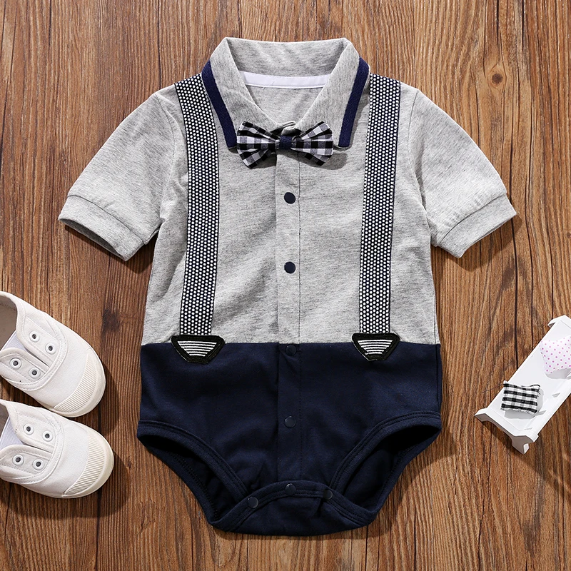 Baby Clothing Toddler Infant Holiday Short Sleeved Gentleman Triangle Baby Boys Clothes Tie Cotton Jumpsuit Costumes