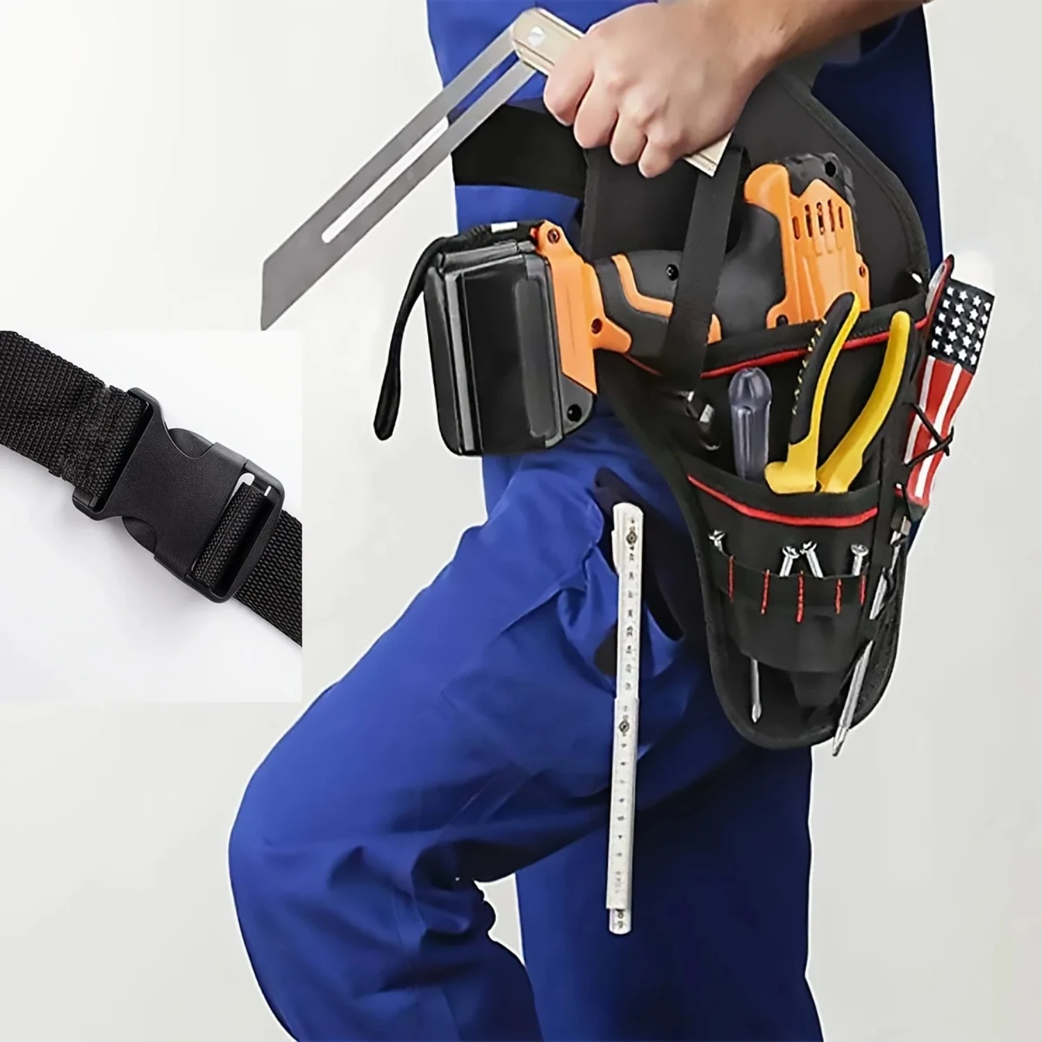 Portable and Multifunctional Angled Toolkit with Evenly Balanced Weight, Featuring Drill Holster and Multiple Tool Loops for Ver