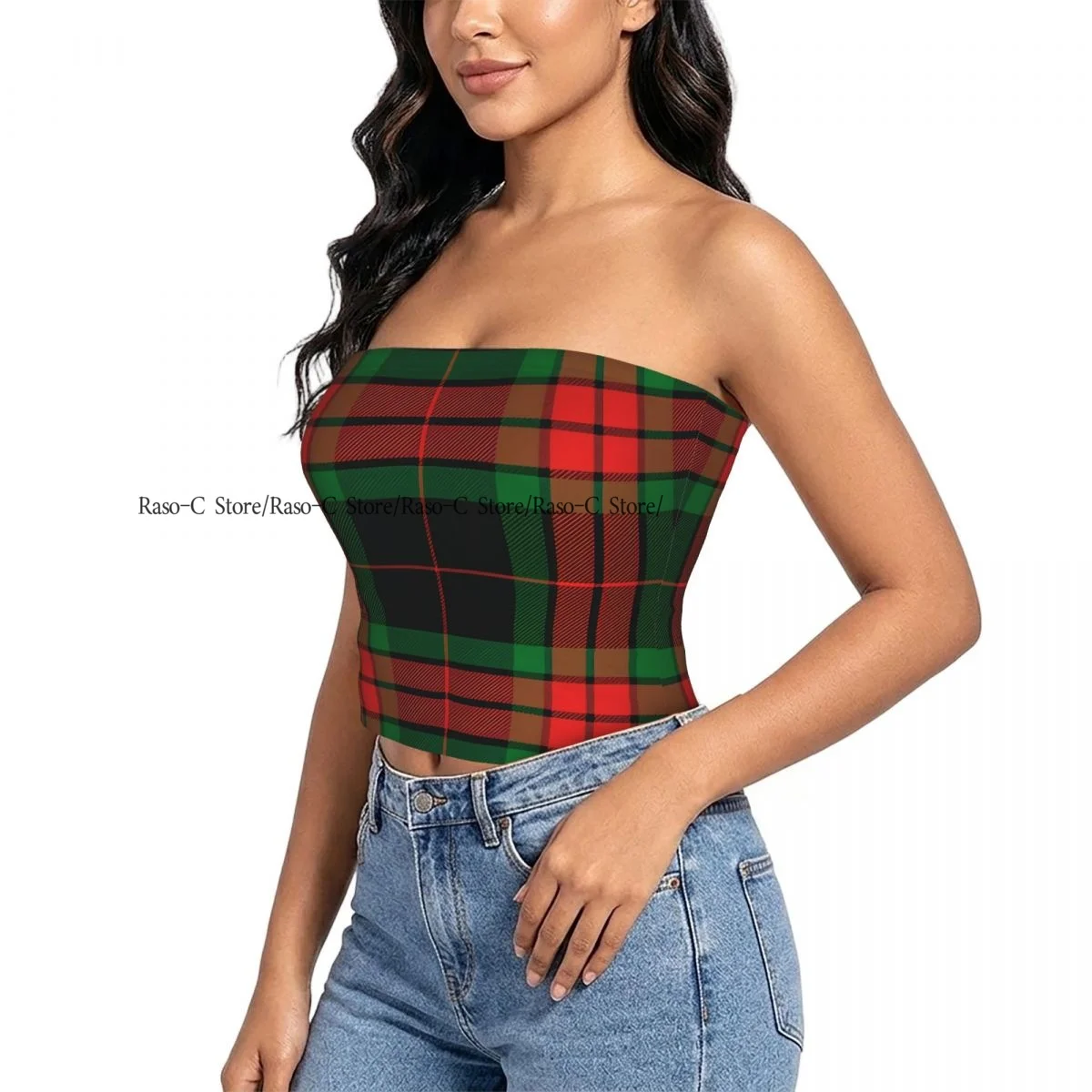 Women strapless blouses sleeveless Christmas Plaid Scottish Pattern halter-neck sexy short-sleeved blouses