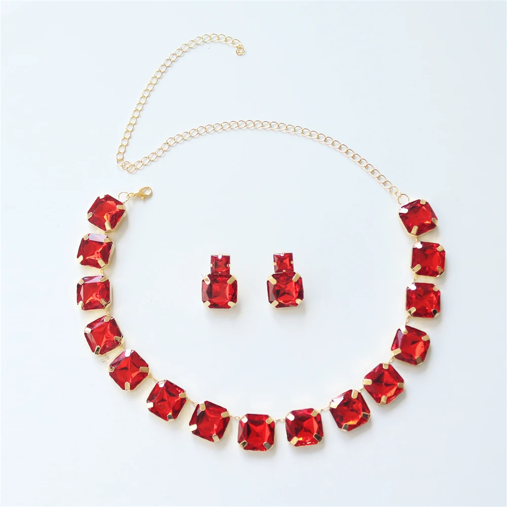 2pc Fashion Luxury Red Crystal Set Jewelry Luxury Romantic Banquet Party Rhinestone Necklace Earrings Jewelry Set Accessories