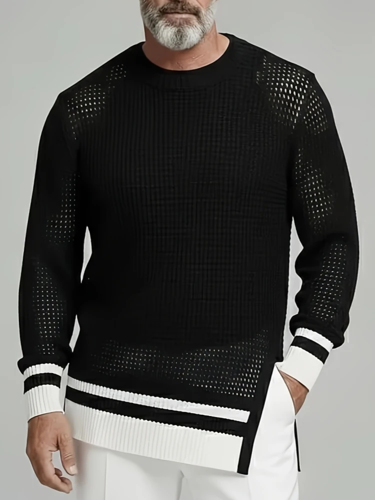 Elegant Men Hollow Out See-through Mesh Shirt O Neck Long Sleeve Black White Color Block Top Irregular Hem Stylish Casual Tee