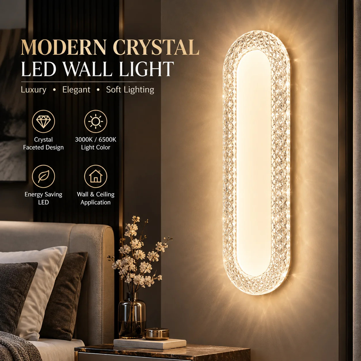 Imitation Crystal LED Wall Light 22W 32W Oval Wall Lamp 3000K 6500K Modern Luxury Sconce for Bedroom Living Room Hallway