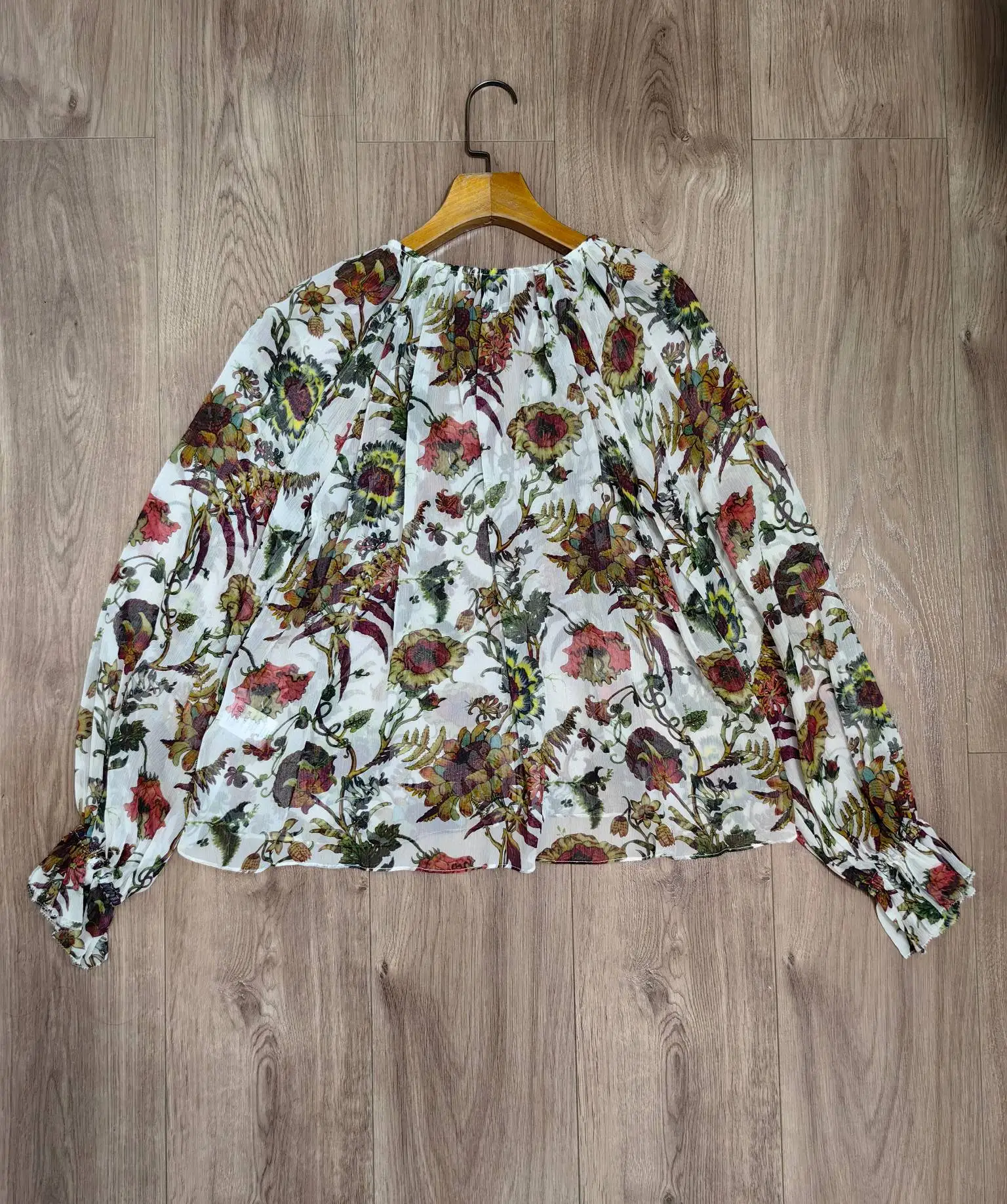 Women Shirt Round Neck Floral Printed 100% Silk Long Sleeve Casual Blouse