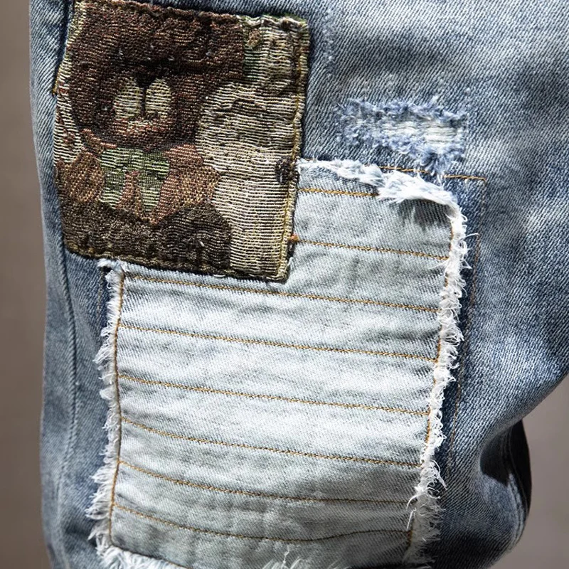 Street Designer Fashion Men Jeans Retro Blue Stretch Slim Fit Embroidery Patched Ripped Jeans Men Hip Hop Vintage Denim Pants