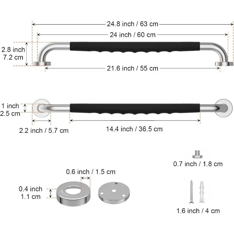 2 Pack 24 Inch Shower Grab Bar w/Anti Slip Rubber Grip,ZUEXT SUS304 Stainless Steel Bath Grab Bar,Bathroom Balance Bar