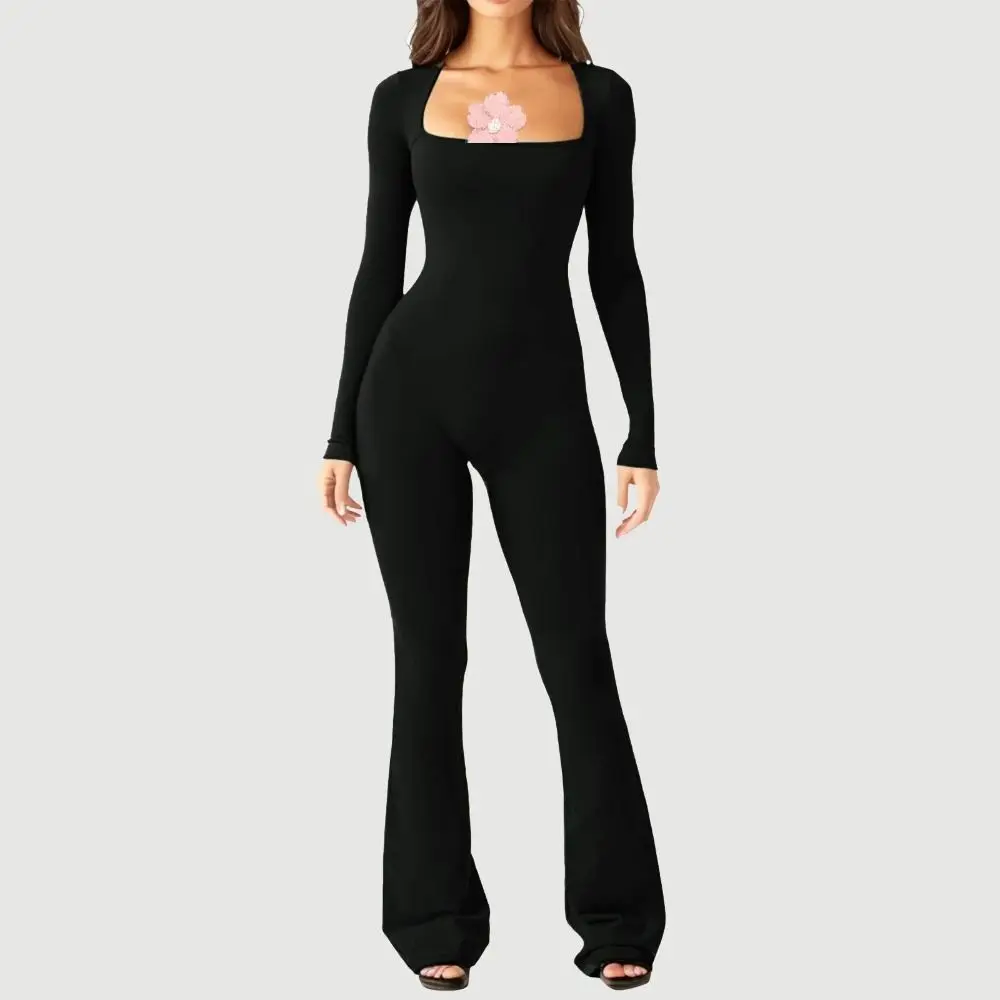 Square-neck Wide Leg Pants Jumpsuit High-elastic Long Sleeve Square-neck Neckline Jumpsuit Wide Leg Slim Fit