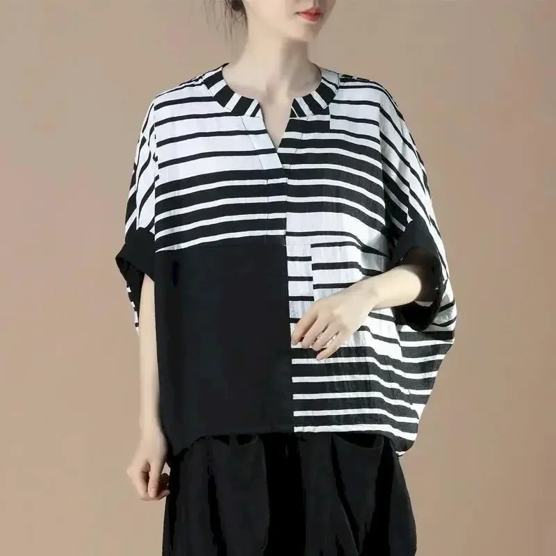 Irregular Black White Striped T-shirt for Women Short Sleeve V-neck Tops Bat Sleeve Loose Cotton Linen T Shirt Aesthetic Clothes