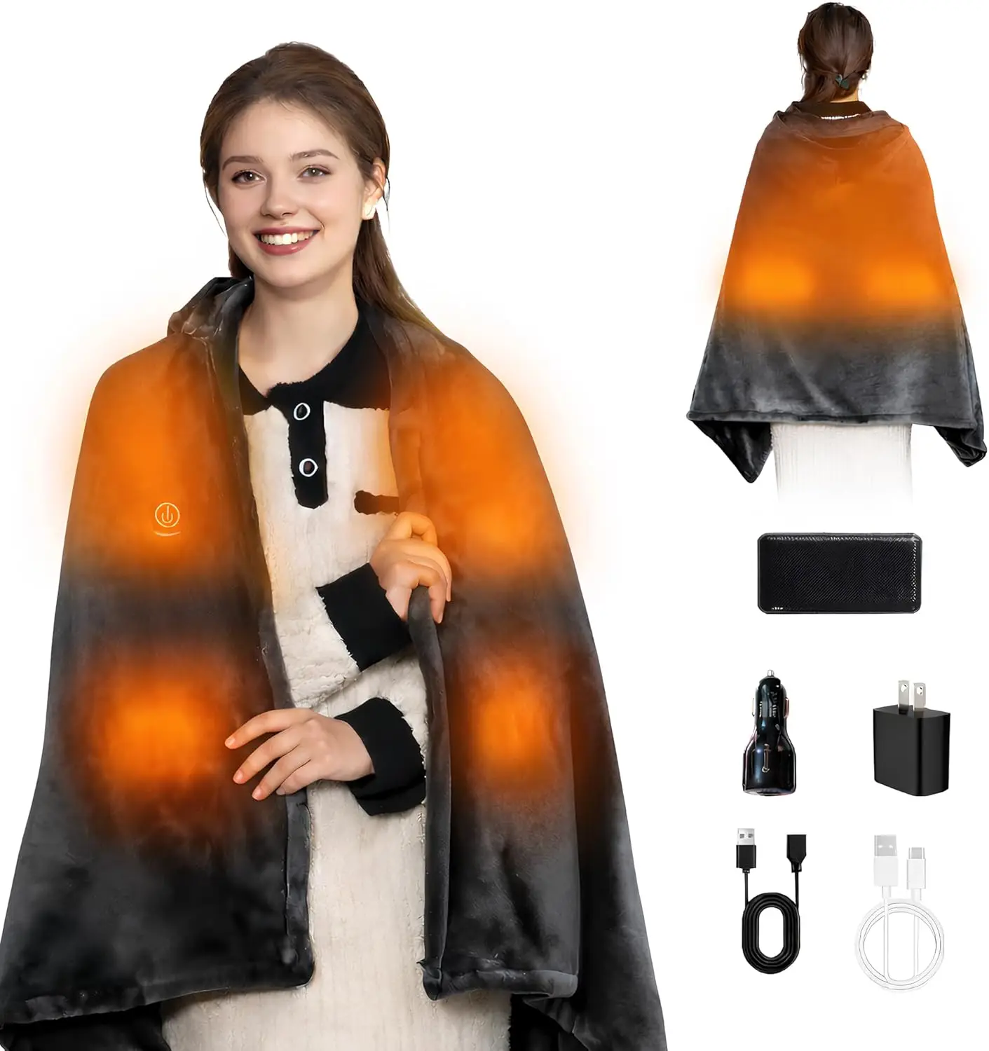 

Cordless Heated Blanket with Hood, Rechargeable Wearable Battery Powered, 9 Heating Zones, 3 Levels for Camping