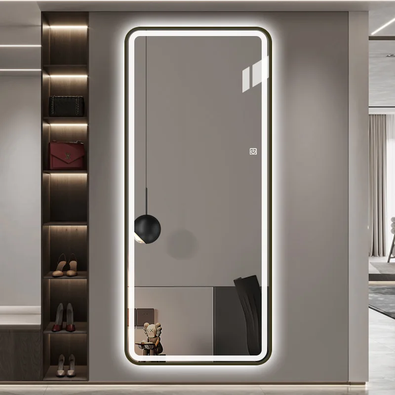 Espejo cuadrado de cuerpo entero, luz LED inteligente, espejo largo luminoso con marco de Metal enchufado en espejo de tocador de maquillaje
