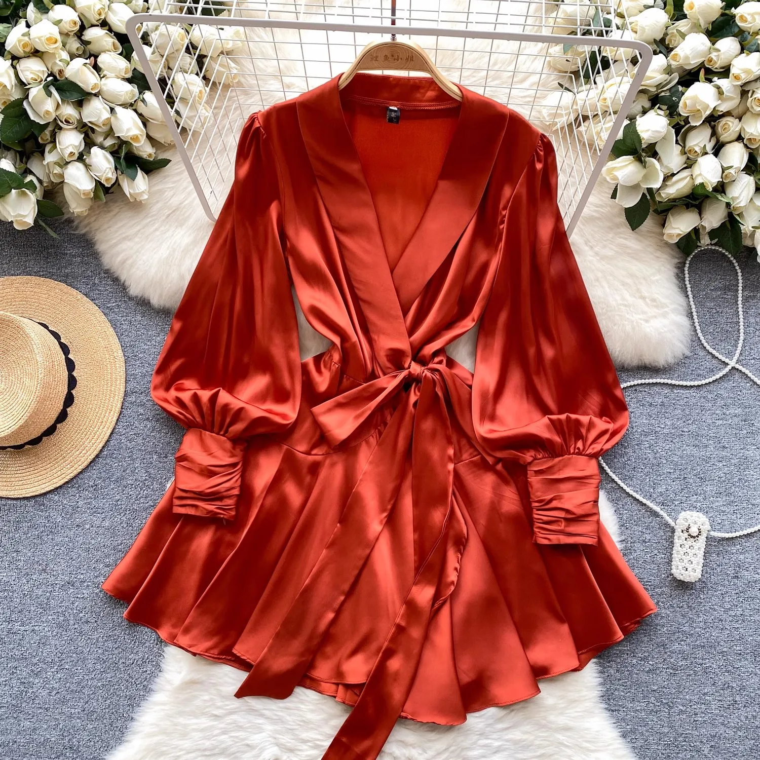 2024 New Fashion Elegant Luxury Women Spring Summer V Neck Lace Up Bow Lantern Sleeve Big Swing Party Dresses