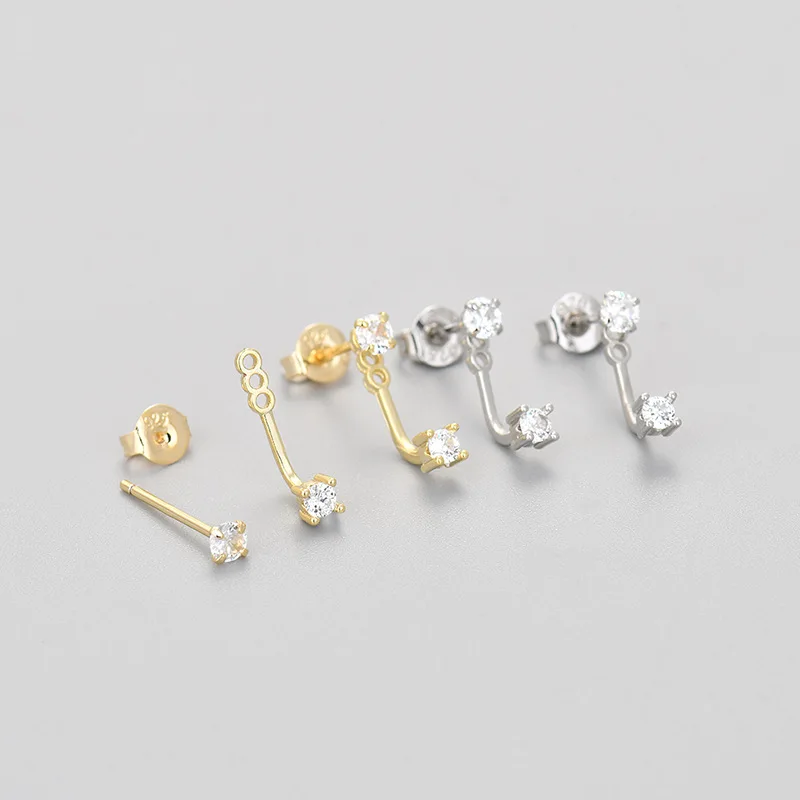 Dainty Double Round Zircon Curved Stud Earrings Gold Plated Silver Minimal Front Back Ear Studs Trendy Teen Girls Accessories