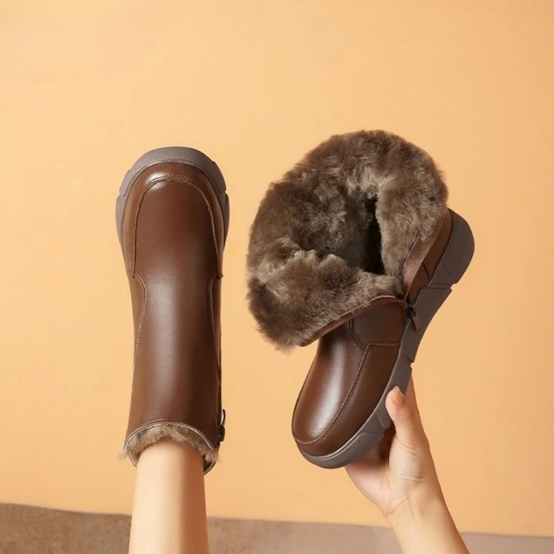 

Зимние кожаные женские зимние ботинки с круглым носком на флисовой подкладке, непромокаемая модная женская обувь 2025, плюшевые теплые трендовые ботинки