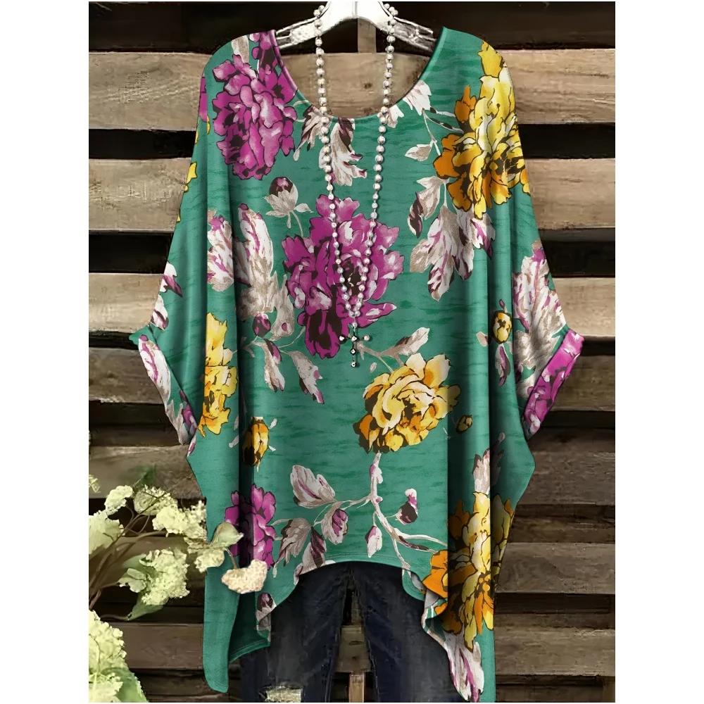 

Женская футболка с элегантным цветочным графическим принтом, винтажная повседневная женская футболка с коротким рукавом, модная одежда с круглым вырезом и неровным подолом