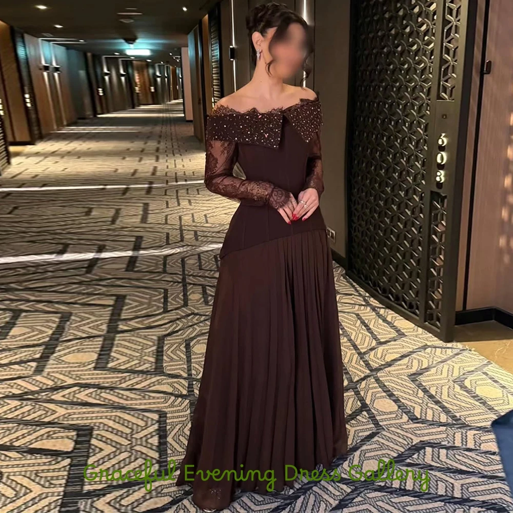 

Delicate Chiffon Evening Dress Graceful Lace Long Sleeves Party Dresses Fashion Sweep Train Customized Special Occasion Gowns