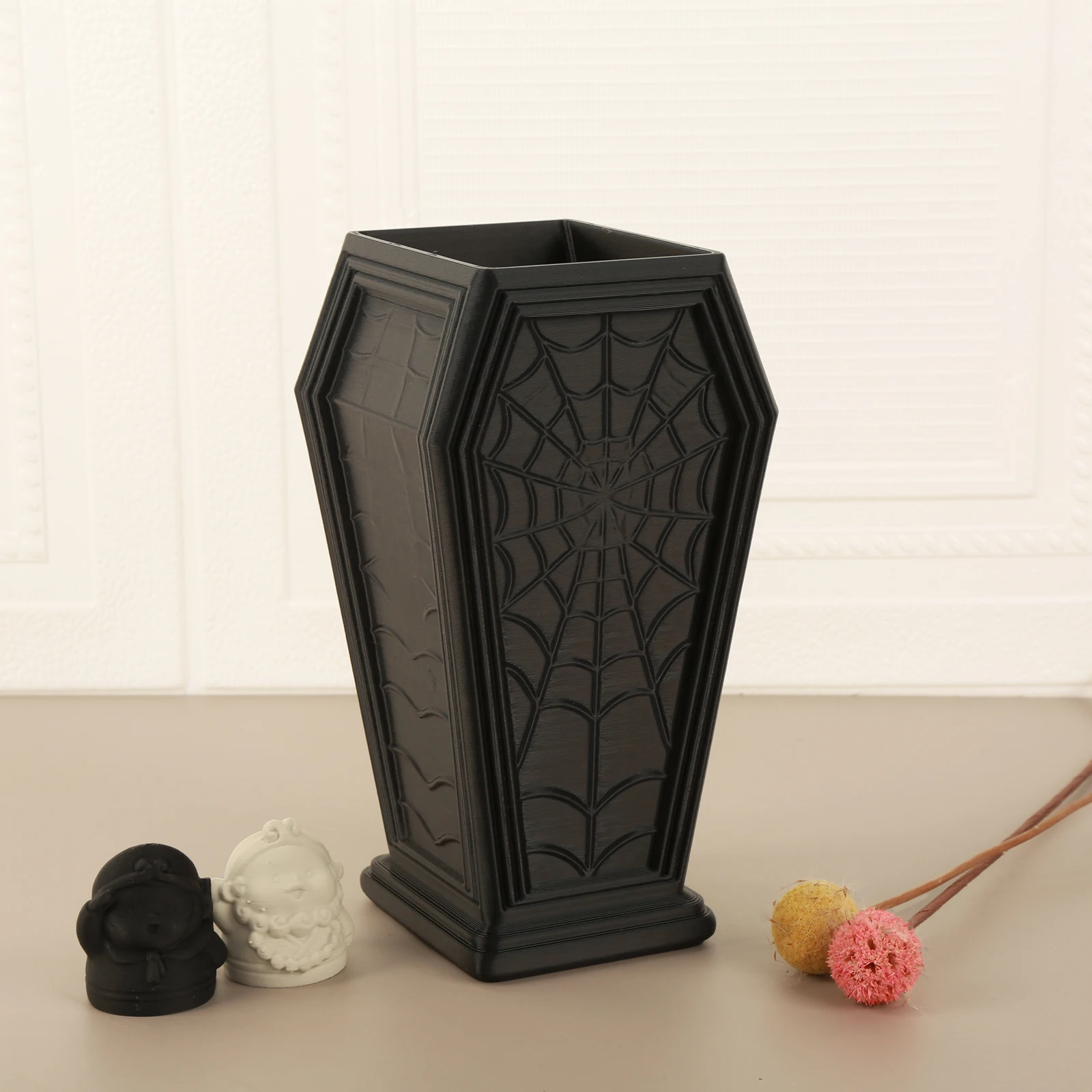 Dark Gothic Spider Web Embossed Coffin Shaped Vase, Black Halloween Flower Vessel Tabletop Floral Decor Ornament