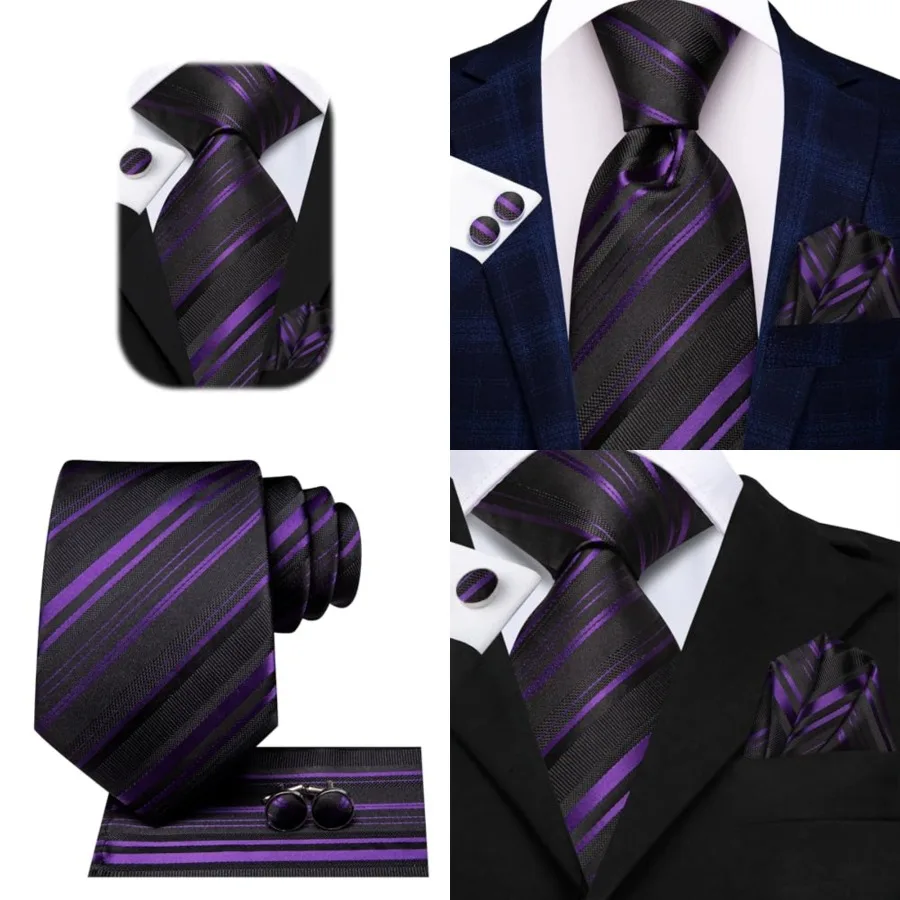 Conjunto de Corbata para Hombre de 63 Pulgadas, Corbata Extra Larga con Diseño Paisley, Pañuelo de Bolsillo y Gemelos, para Hombres Altos y Grandes, Negro, Morado Oscuro
