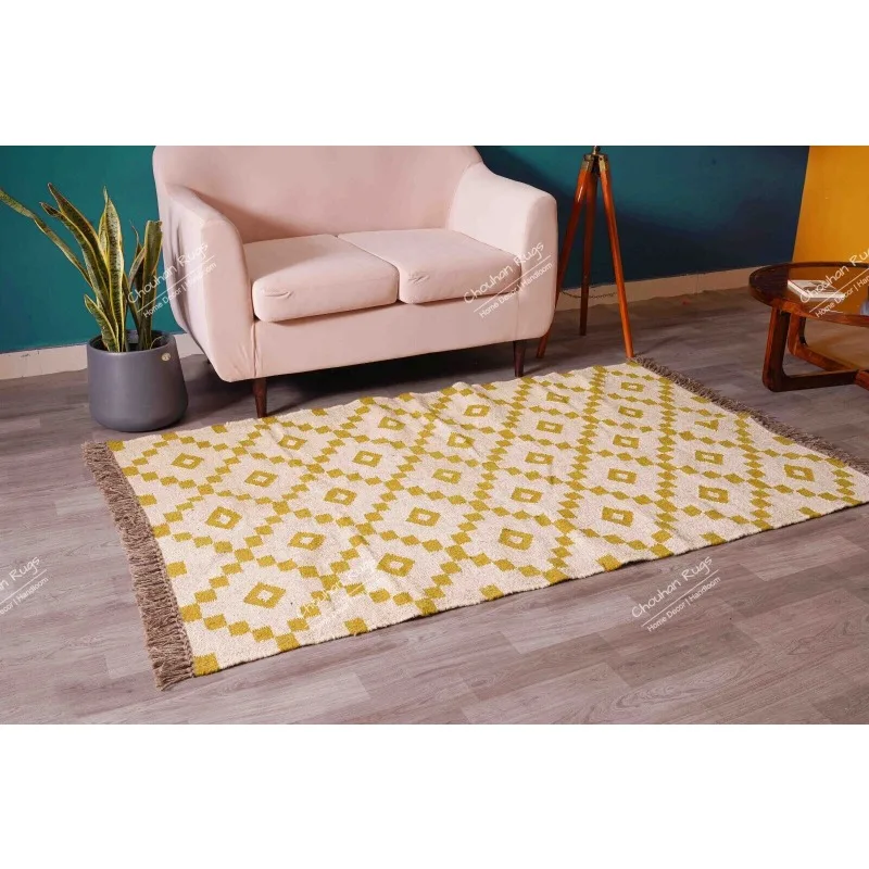 

Handwoven Off White & Yellow Design Wool Jute Rug Custom Size Fringes Jute Rug