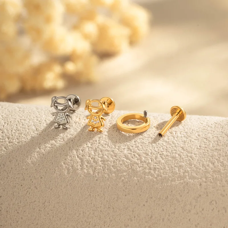 2PC G23 Titanium Labret Ear Studs Internal Thread Flatback Zircon Fishbone Moon Pendant Lip Stud Tragus Lobe Piercing Jewelry