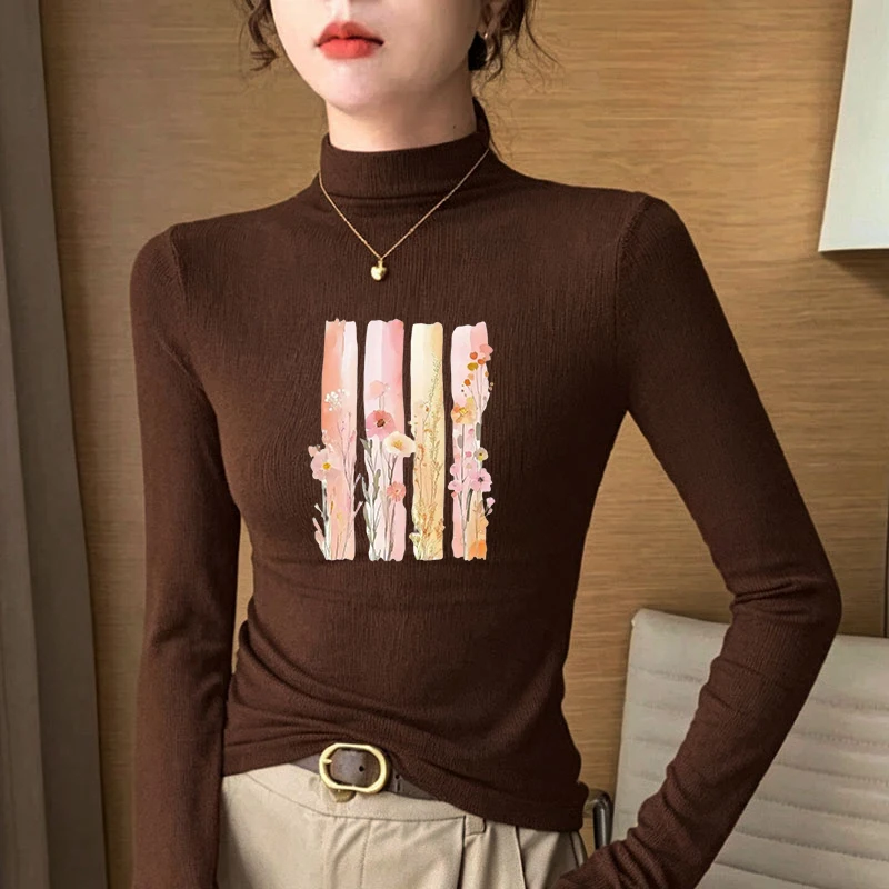 2026 New Autumn Winter Thermal Brushed Fleece Long Sleeve Graphic Print T shirt Blouses Female Warm Shirt Women Top