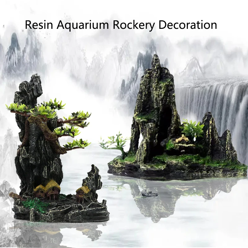 Resin Aquarium Rockery Mountain Decoration Artificial View Rock Cave Stone Tree Fish Tank Ornament Pet Supplies Home Decor