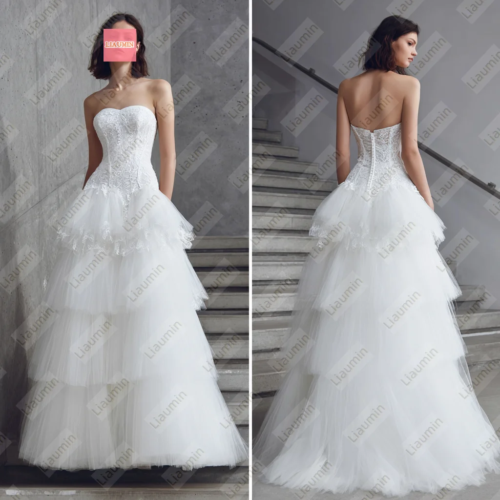 New White Tulle With Lace Applique Strapless A Line Wedding Formal Dresses Bridal Floor Length Hand Made Customized W20.3.8