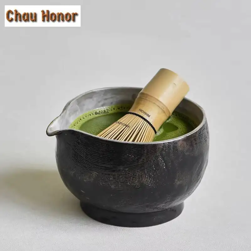 ZAEYORIA Handmade Coarse Pottery Matcha Set Wabi-sabi Brush Black Glaze Ceramic Tea Bowl Japanese Matcha Tea Ceremony Tableware