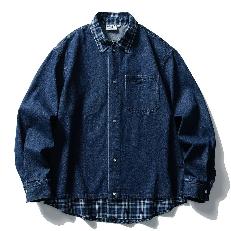 Korean Retro Plaid Patchwork Denim Fake Two-piece Shirt for Men Autumn New Japan Streetwear Y2k Harajuku Loose Shirt Jacket Coat