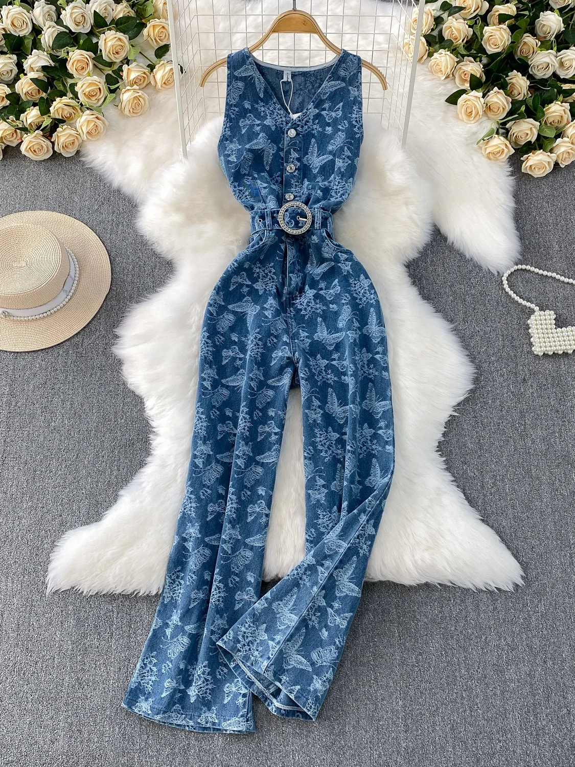 Estate nuova tutina in denim ricamato vintage da donna a vita alta dimagrante tuta casual a gamba larga comoda per i pendolari